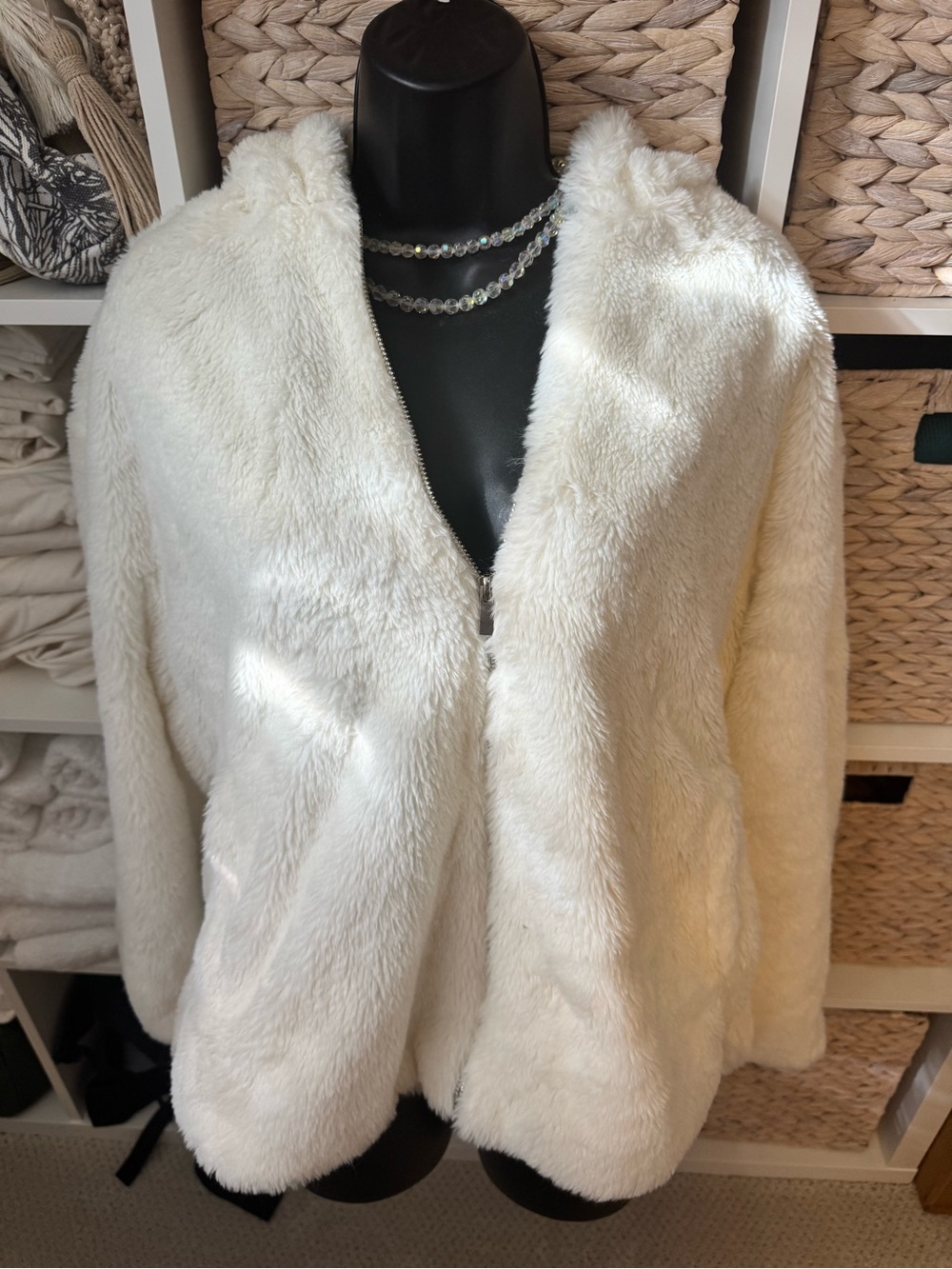 Faux Fur Zipper Front Jacket - Cream
